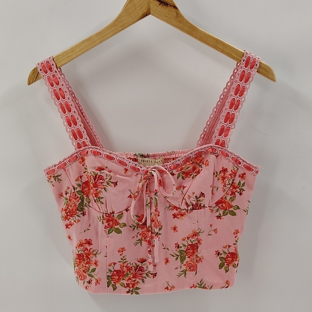 Thirty Thirty Size L Floral Smocked Back Lace Corset Top Stretch